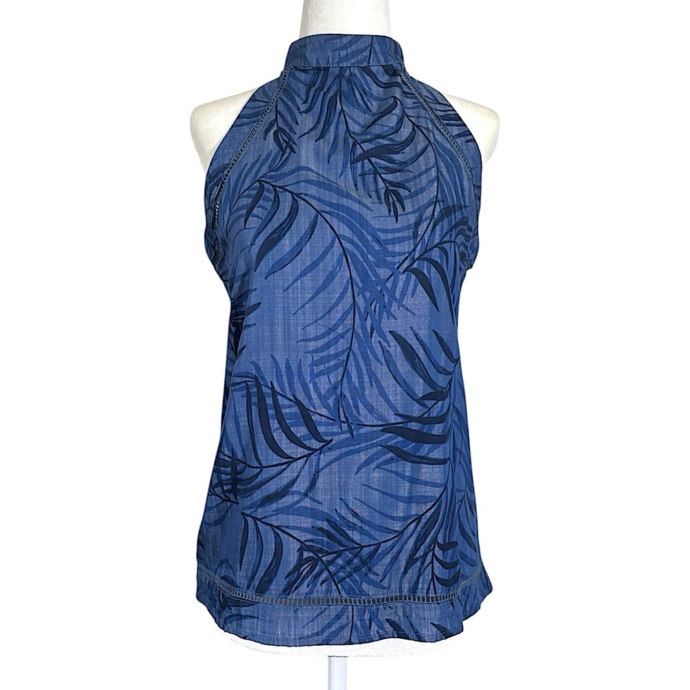 Cato Tropical Leaf Tencel Eco-Friendly Halter High Neck Top Denim Blue XS NWT